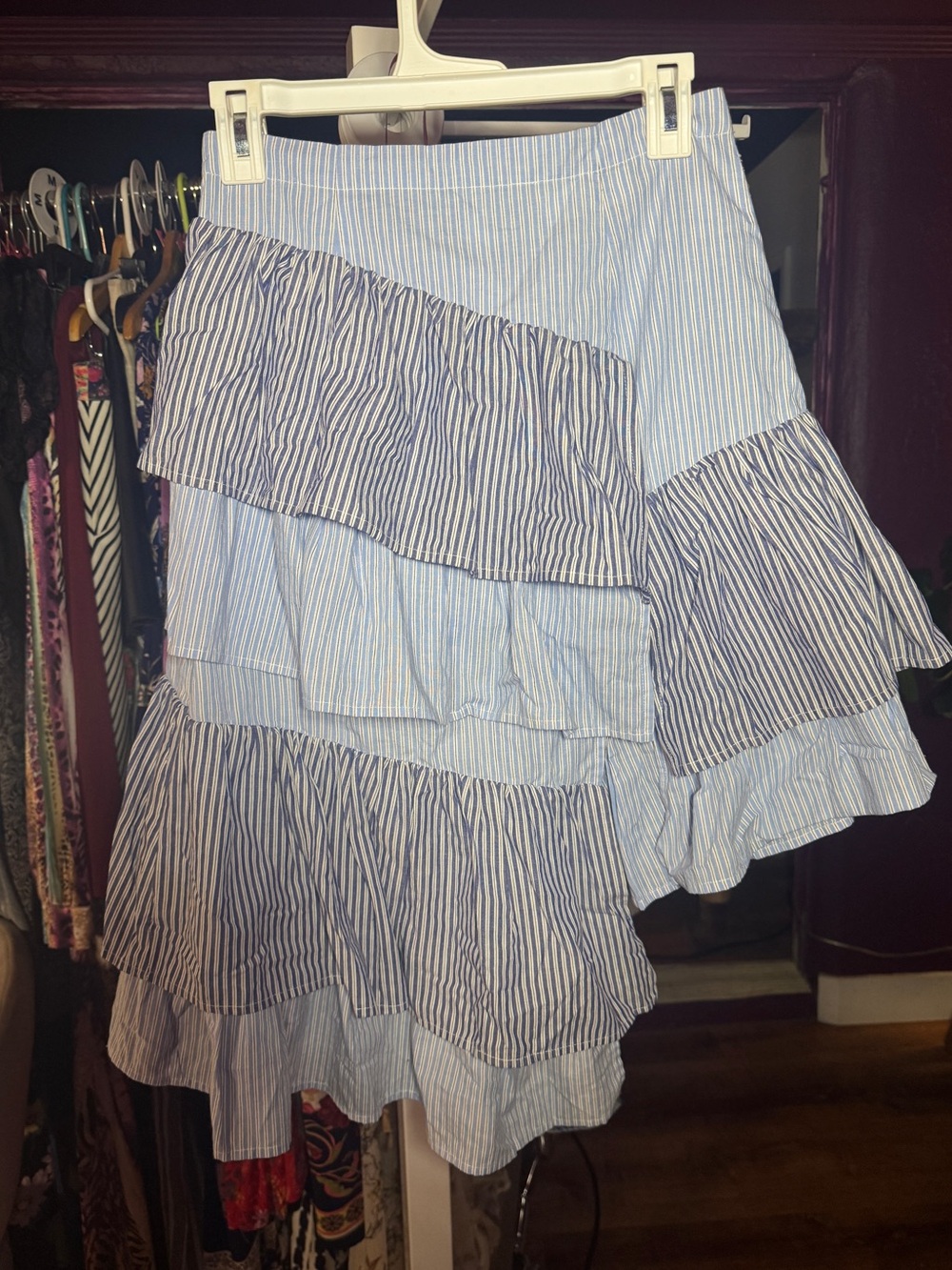 EUC REVOLVE x L’Academie Asymmetrical Ruffle Skirt • Blue & White Stripe • Sm - Picture 3 of 4